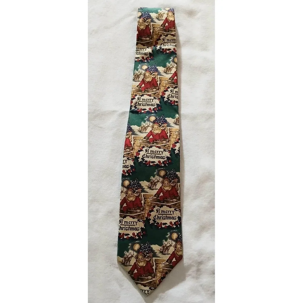 Robert Talbott Silk Tie Mens Green Santa Merry Christmas Holiday Print Necktie